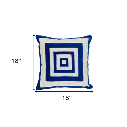 Beige & Blue Geometric Cotton Blend Pillow w/ Embroidery