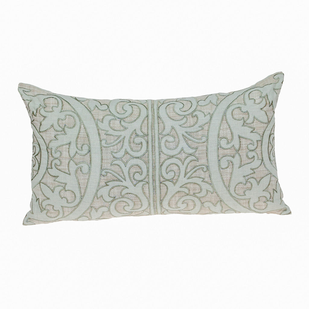 Beige & Green Damask Linen Pillow w/ Embroidery