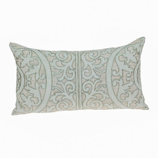 Beige & Green Damask Linen Pillow w/ Embroidery