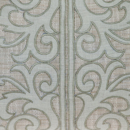 Beige & Green Damask Linen Pillow w/ Embroidery