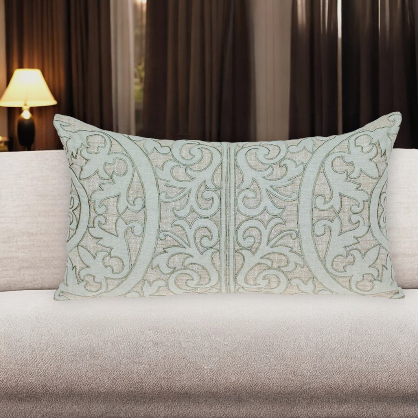Beige & Green Damask Linen Pillow w/ Embroidery