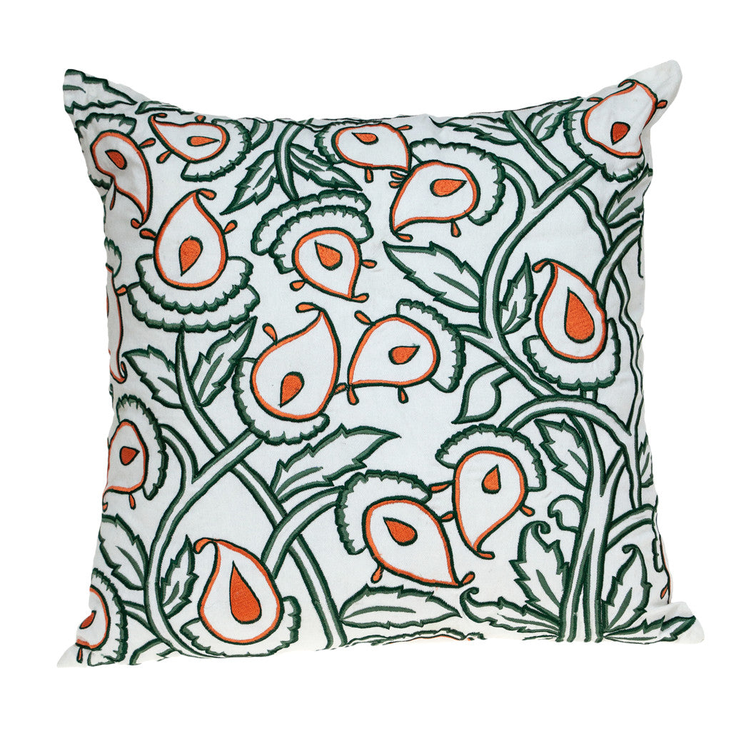 Green & White Floral Cotton Pillow w/ Embroidery