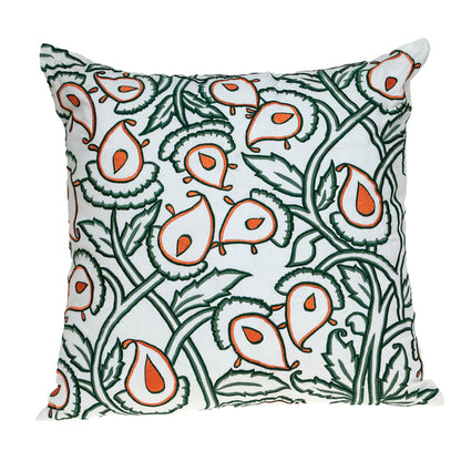 Green & White Floral Cotton Pillow w/ Embroidery