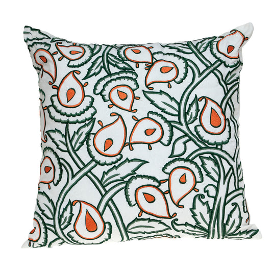 Green & White Floral Cotton Pillow w/ Embroidery