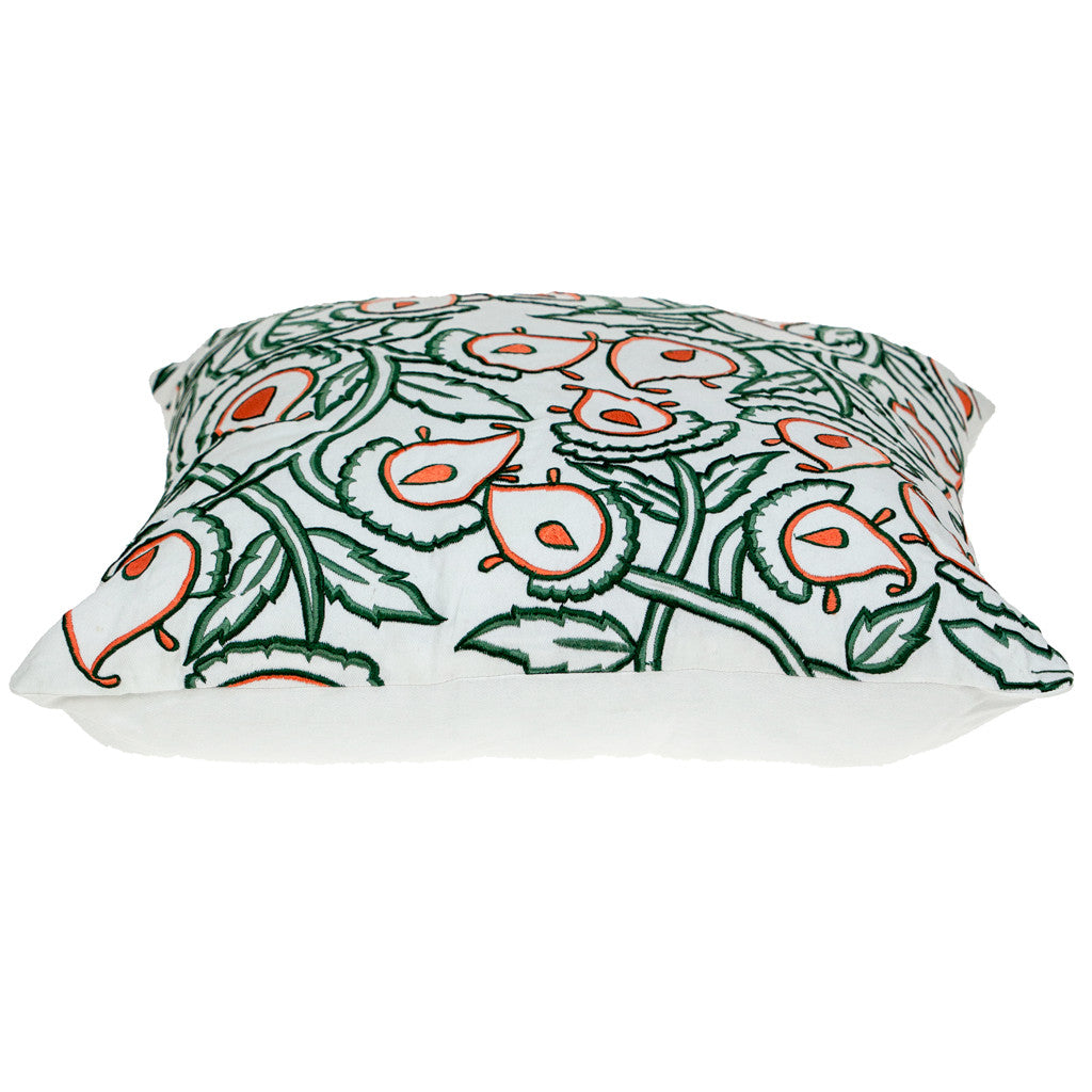 Green & White Floral Cotton Pillow w/ Embroidery