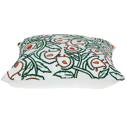 Green & White Floral Cotton Pillow w/ Embroidery