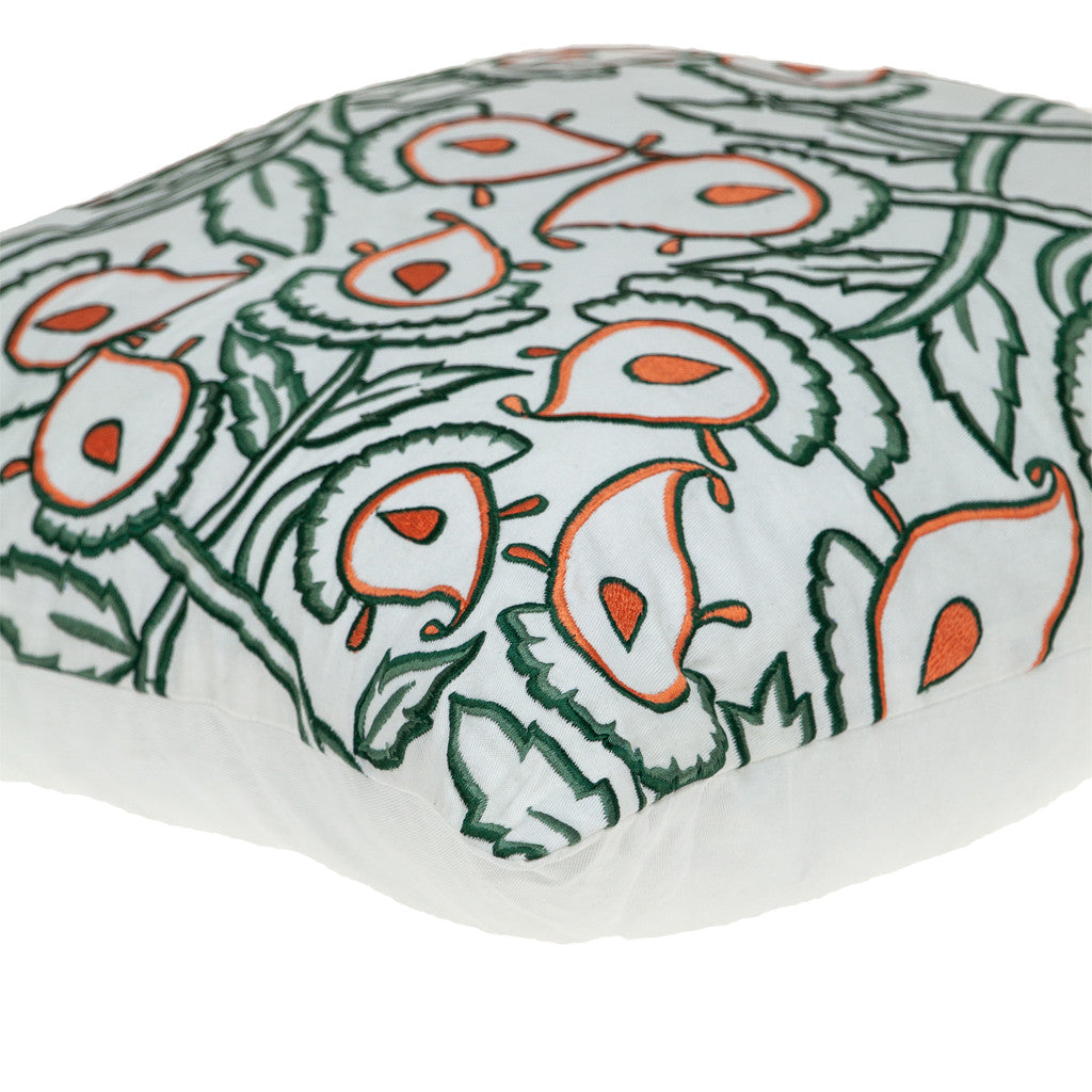 Green & White Floral Cotton Pillow w/ Embroidery