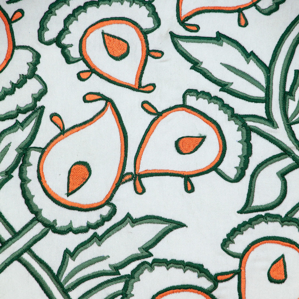 Green & White Floral Cotton Pillow w/ Embroidery