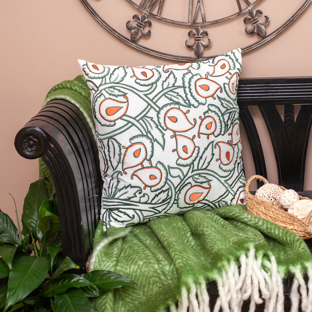 Green & White Floral Cotton Pillow w/ Embroidery
