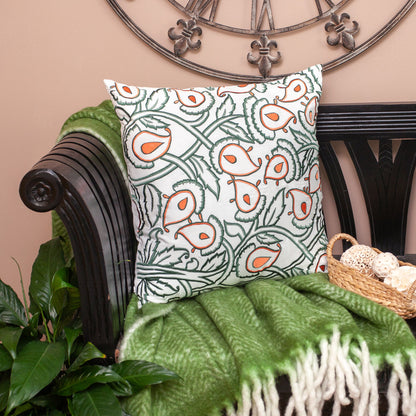 Green & White Floral Cotton Pillow w/ Embroidery