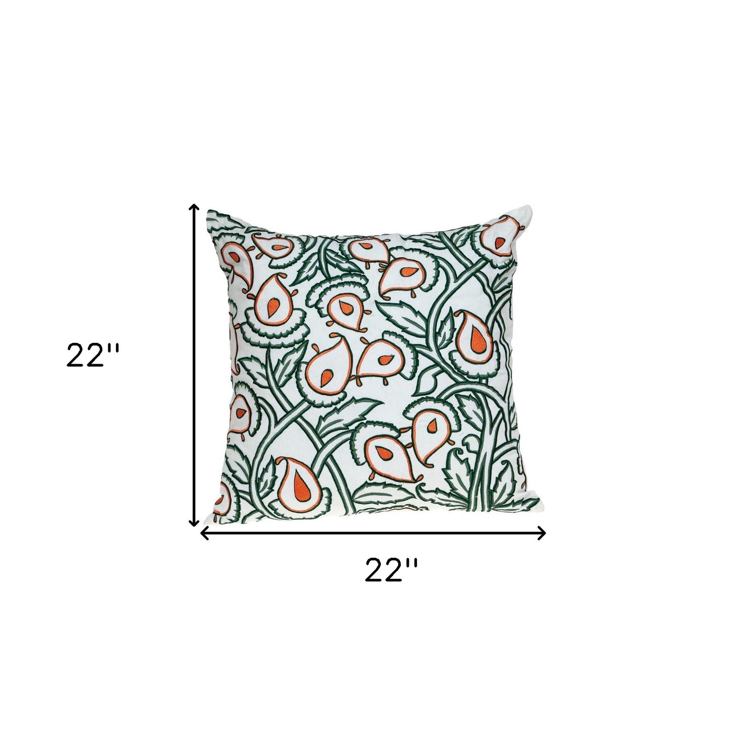Green & White Floral Cotton Pillow w/ Embroidery