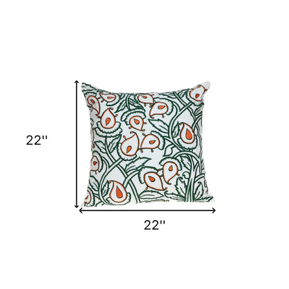 Green & White Floral Cotton Pillow w/ Embroidery