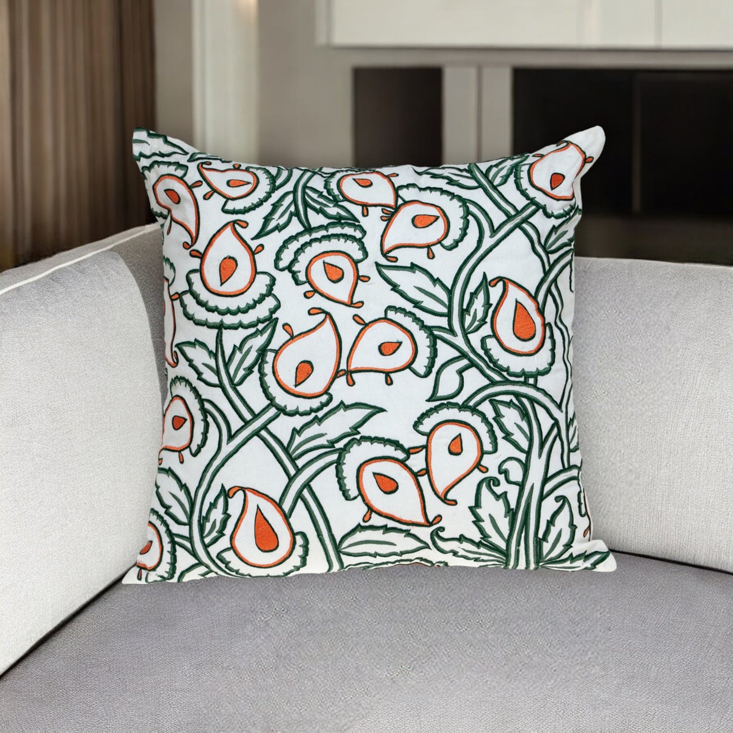 Green & White Floral Cotton Pillow w/ Embroidery