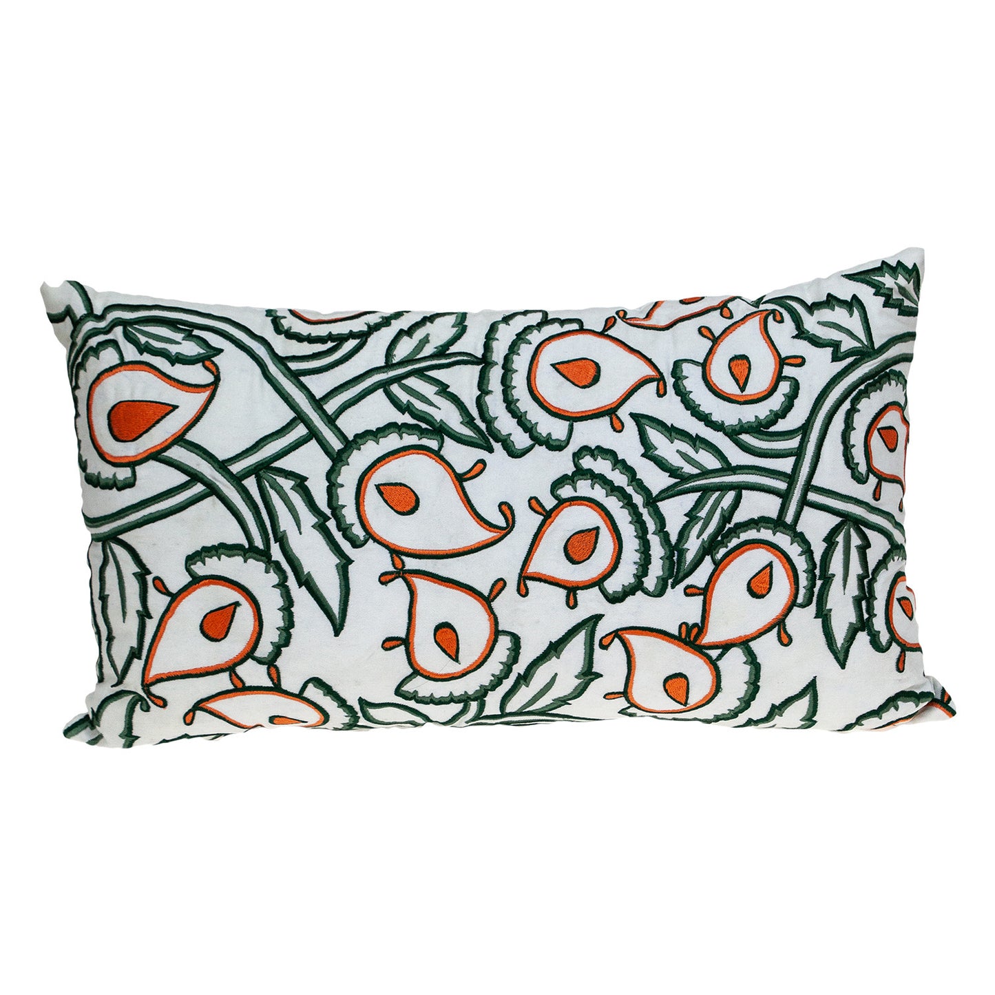 Green & White Floral Cotton Pillow w/ Embroidery