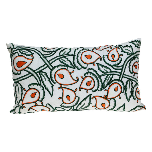 Green & White Floral Cotton Pillow w/ Embroidery