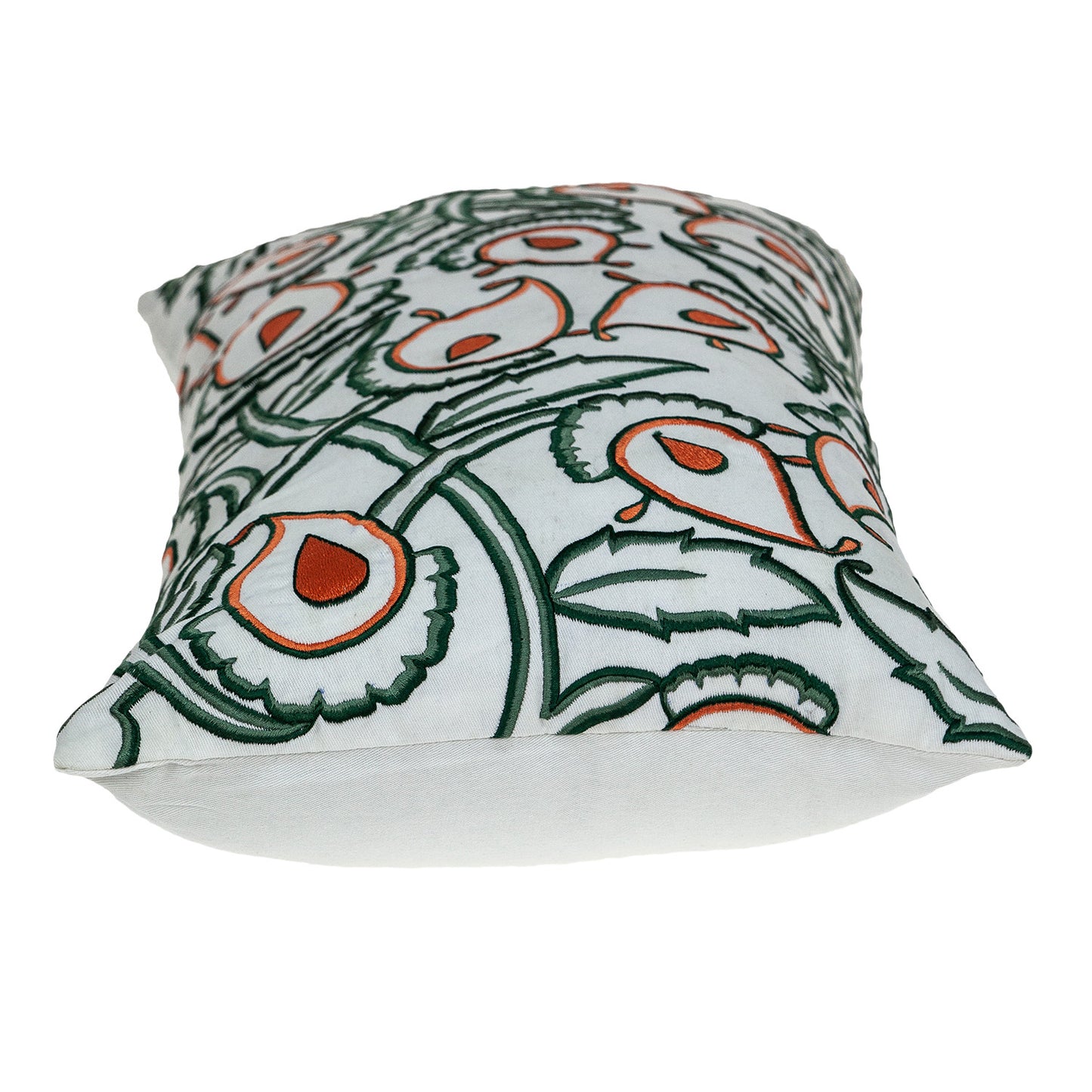 Green & White Floral Cotton Pillow w/ Embroidery