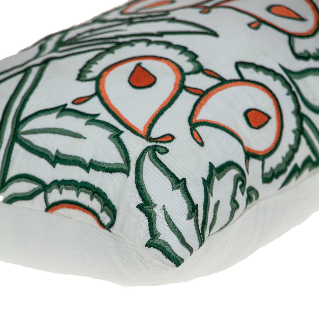 Green & White Floral Cotton Pillow w/ Embroidery