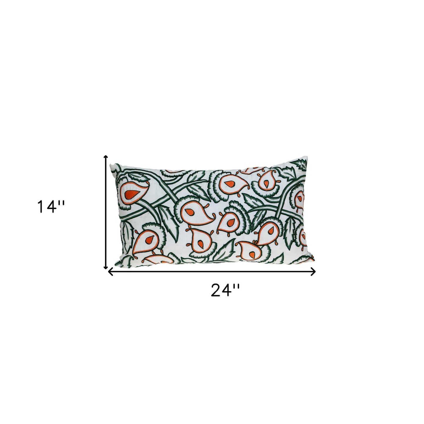 Green & White Floral Cotton Pillow w/ Embroidery