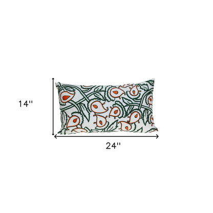 Green & White Floral Cotton Pillow w/ Embroidery