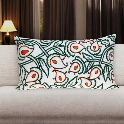 Green & White Floral Cotton Pillow w/ Embroidery
