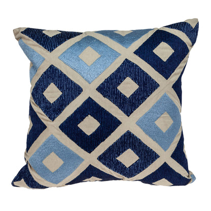 Beige & Blue Diamond Cotton Pillow w/ Embroidery