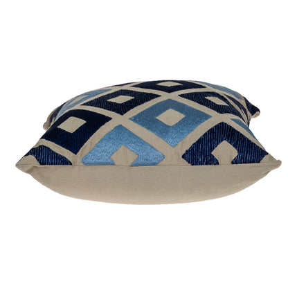 Beige & Blue Diamond Cotton Pillow w/ Embroidery