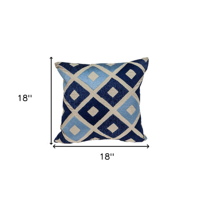 Beige & Blue Diamond Cotton Pillow w/ Embroidery