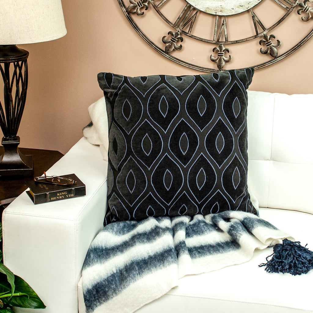 Black & Blue Ogee Cotton Pillow w/ Embroidery