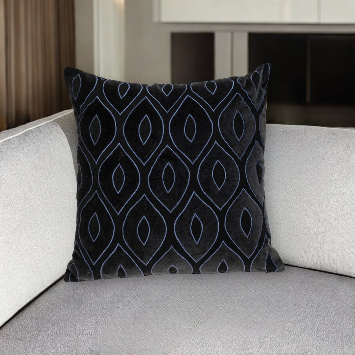 Black & Blue Ogee Cotton Pillow w/ Embroidery