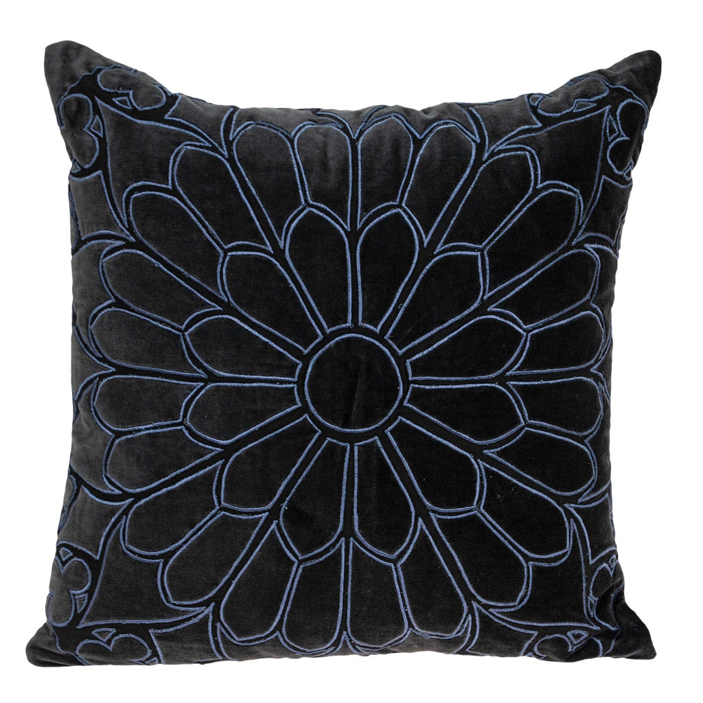 Black & Blue Floral Cotton Pillow w/ Embroidery