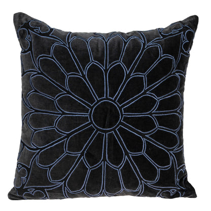 Black & Blue Floral Cotton Pillow w/ Embroidery