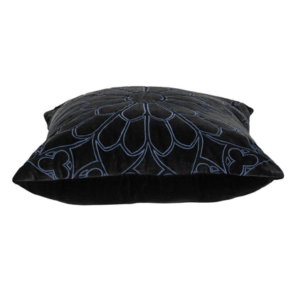 Black & Blue Floral Cotton Pillow w/ Embroidery