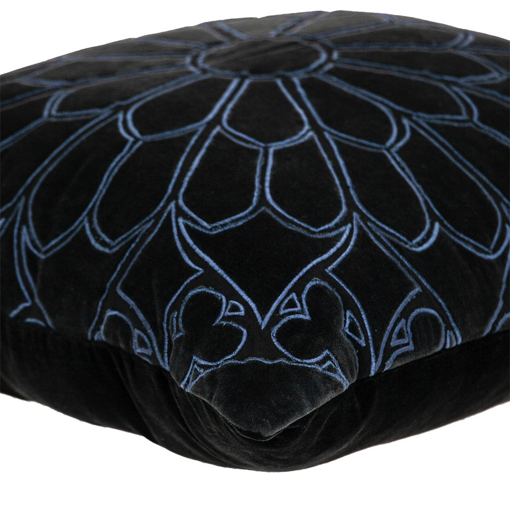 Black & Blue Floral Cotton Pillow w/ Embroidery