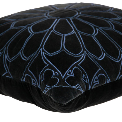 Black & Blue Floral Cotton Pillow w/ Embroidery