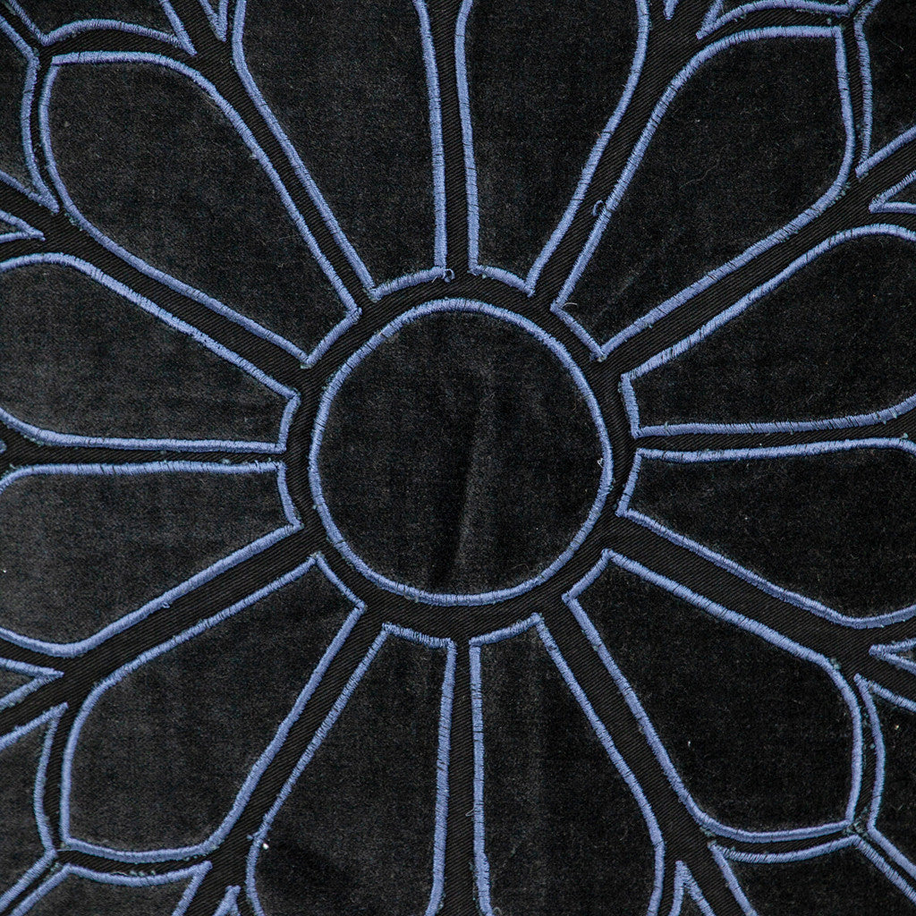 Black & Blue Floral Cotton Pillow w/ Embroidery