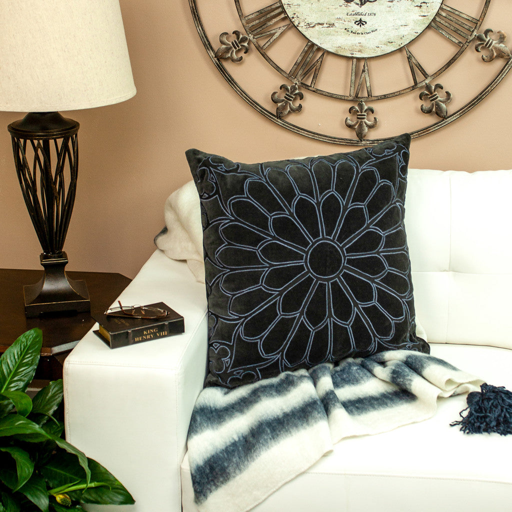 Black & Blue Floral Cotton Pillow w/ Embroidery