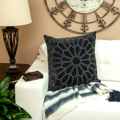 Black & Blue Floral Cotton Pillow w/ Embroidery