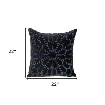 Black & Blue Floral Cotton Pillow w/ Embroidery