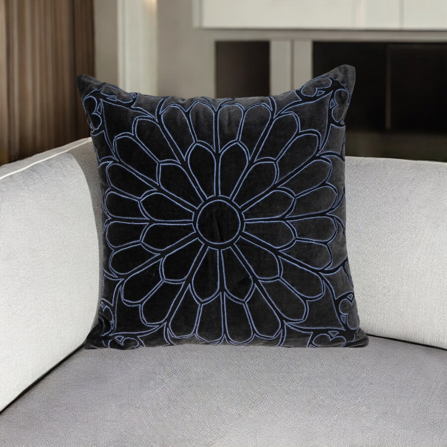 Black & Blue Floral Cotton Pillow w/ Embroidery