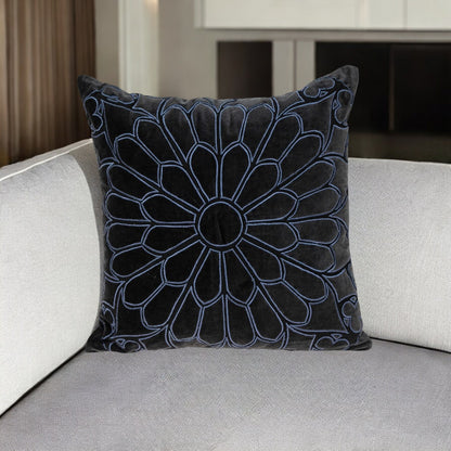 Black & Blue Floral Cotton Pillow w/ Embroidery