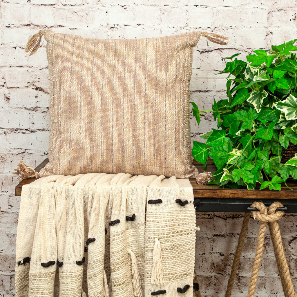 Brown & White Striped Cotton Pillow w/ Tassels