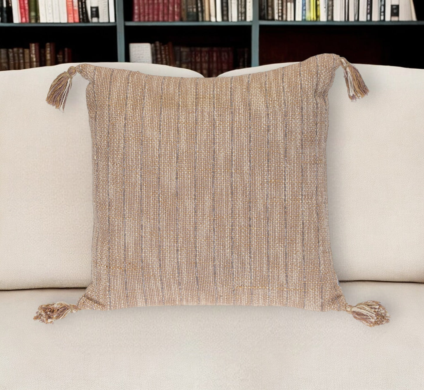 Brown & White Striped Cotton Pillow w/ Tassels