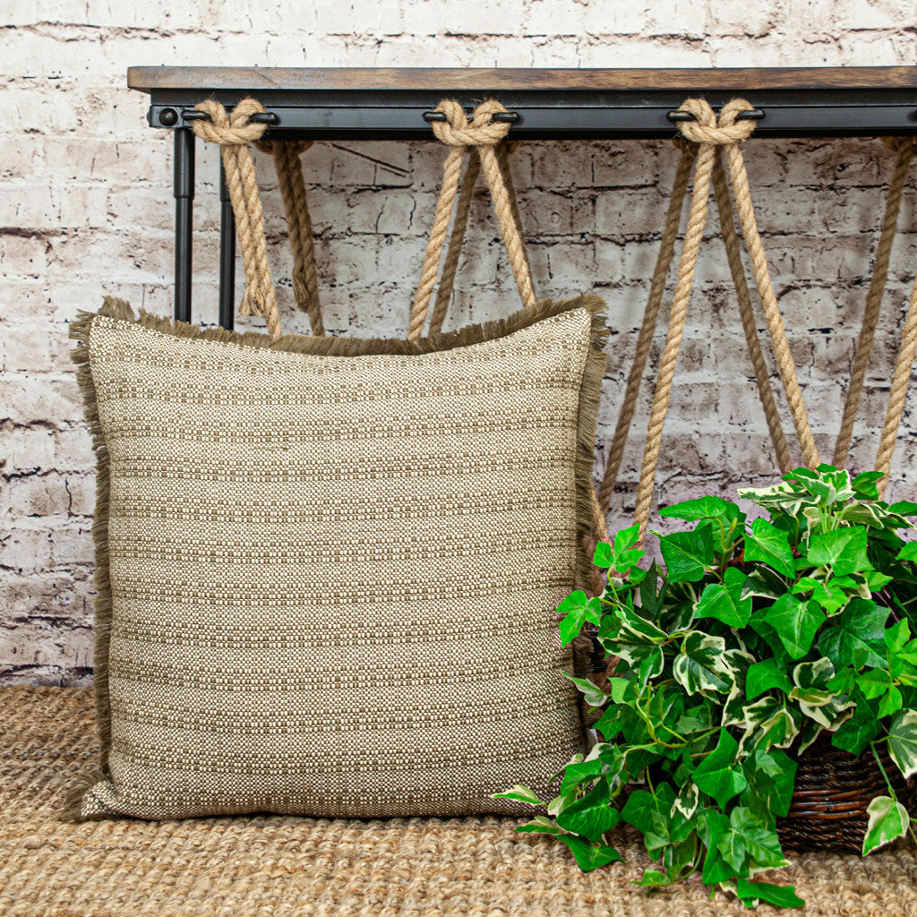 Green & White Striped Cotton Pillow w/ Fringe