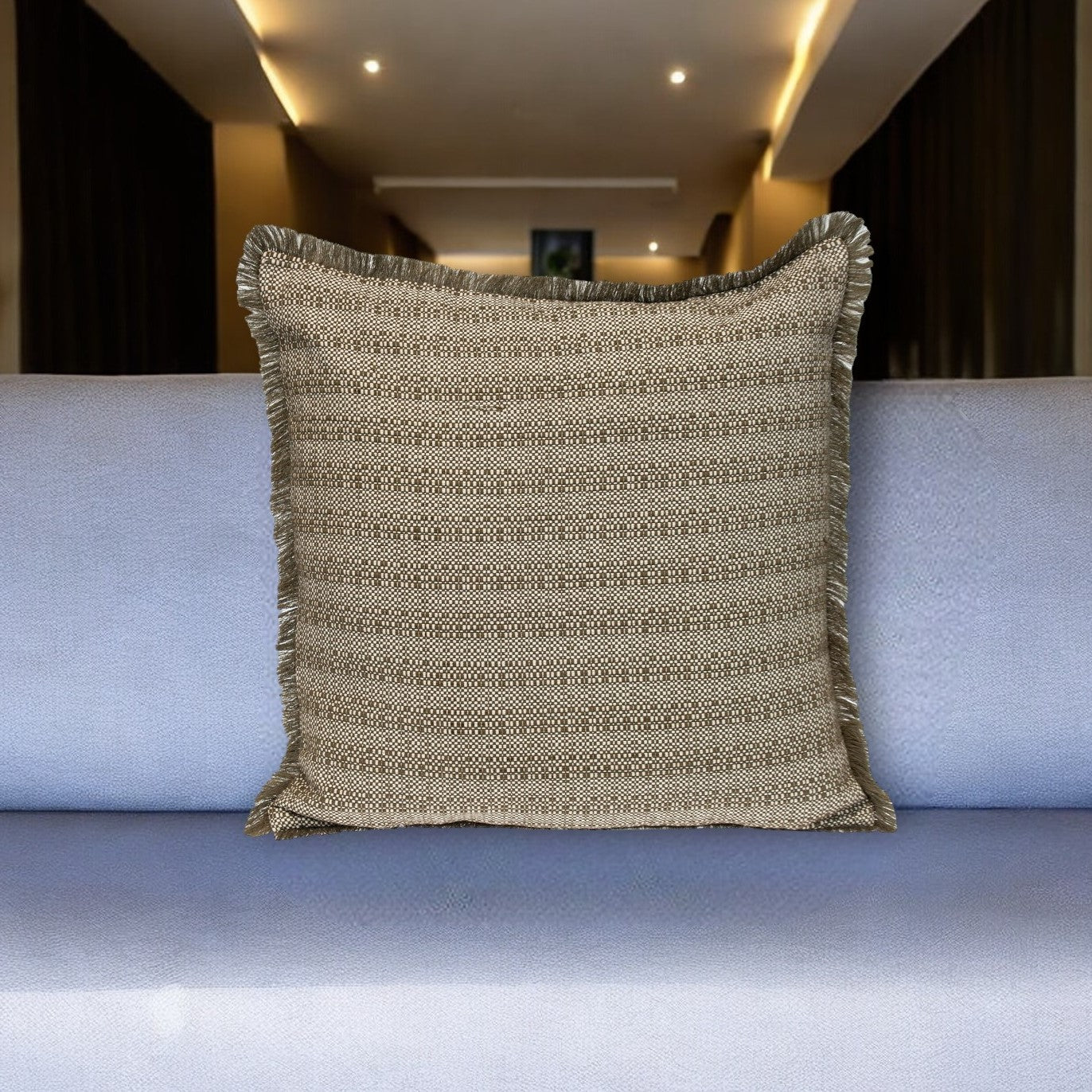 Green & White Striped Cotton Pillow w/ Fringe