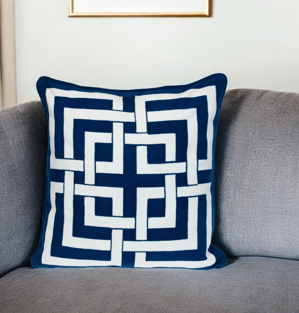 Blue & White Interlocking Cotton Pillow