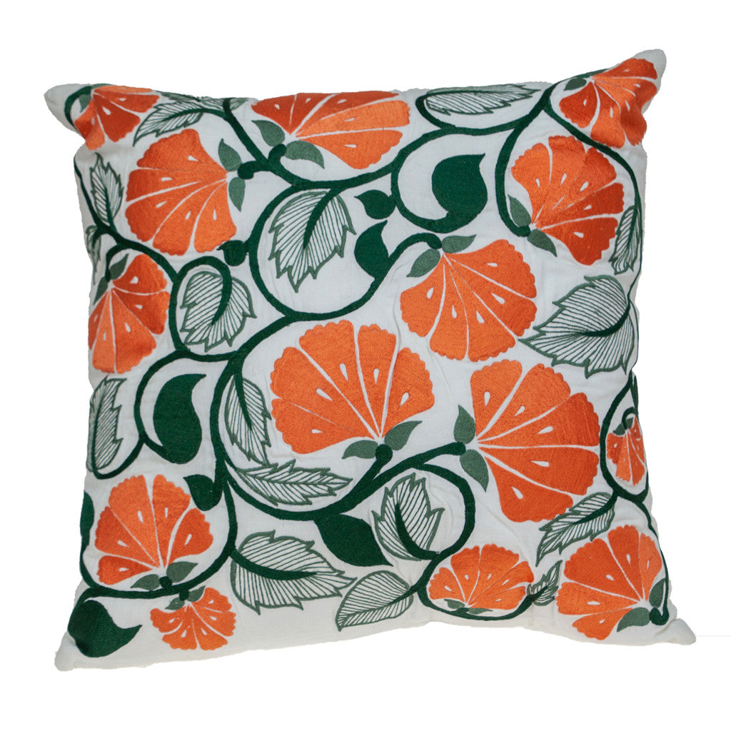 Orange & White Floral Cotton Pillow w/ Embroidery