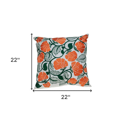Orange & White Floral Cotton Pillow w/ Embroidery
