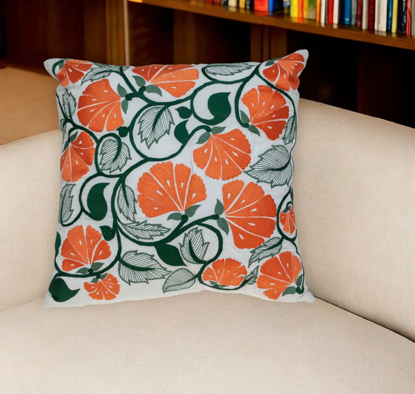 Orange & White Floral Cotton Pillow w/ Embroidery