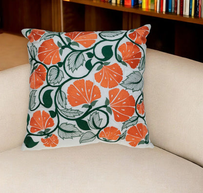 Orange & White Floral Cotton Pillow w/ Embroidery