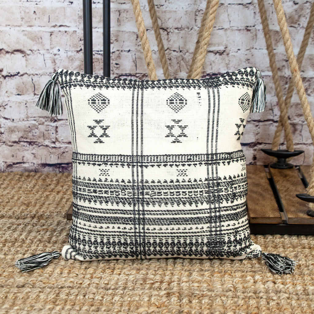 Beige & Black Southwestern Cotton Pillow w/ Tassels